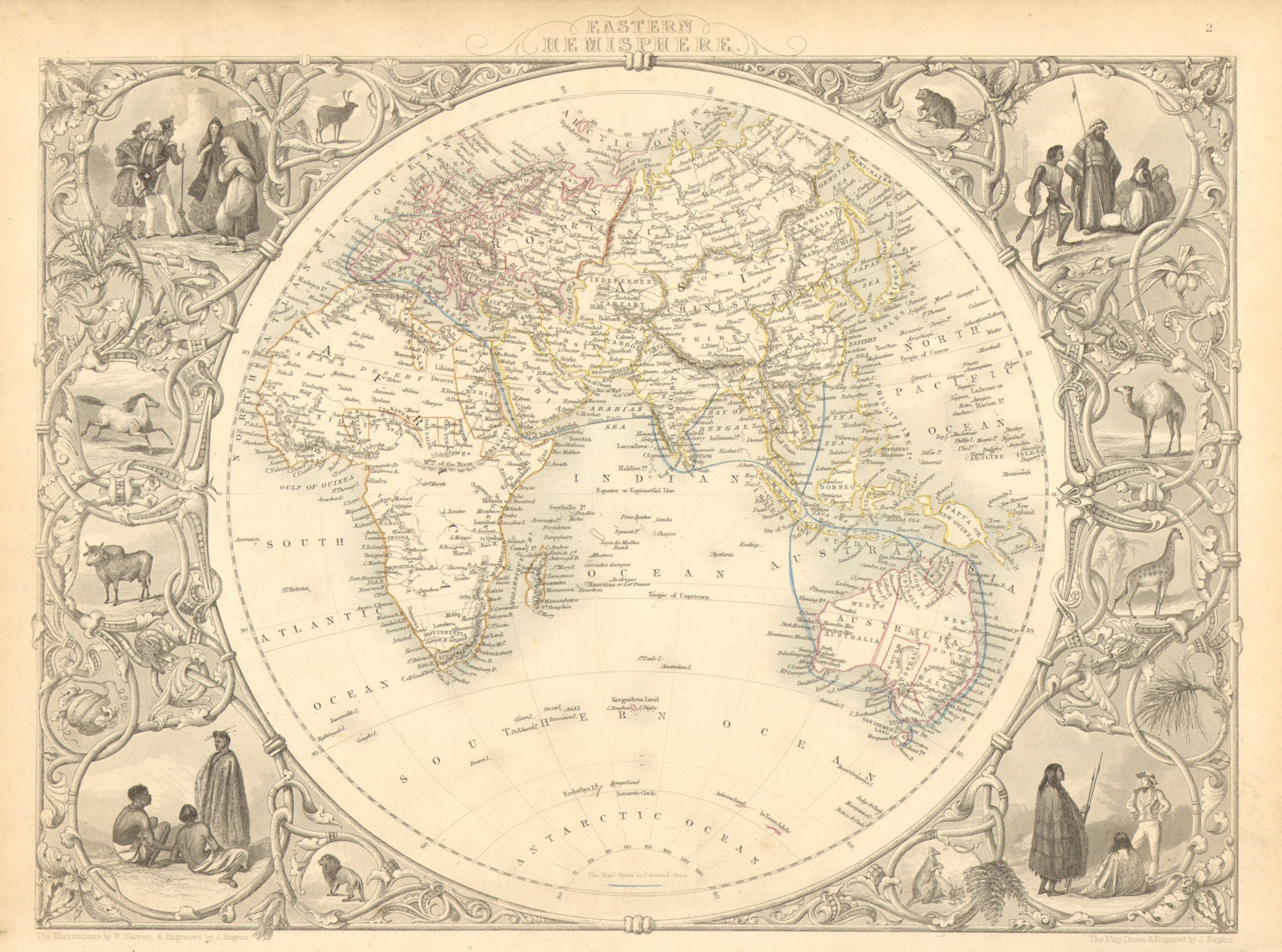 EASTERN HEMISPHERE.Shows mail routes to British colonies.TALLIS/RAPKIN 1851 map